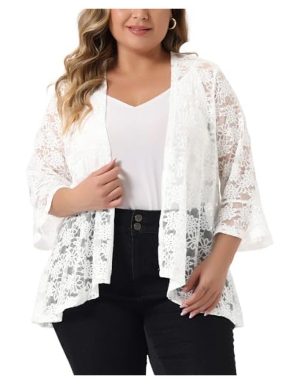 Plus Size Open Front Lace Cardigan 3/4 Bell Sleeve Sheer Bolero Shrug